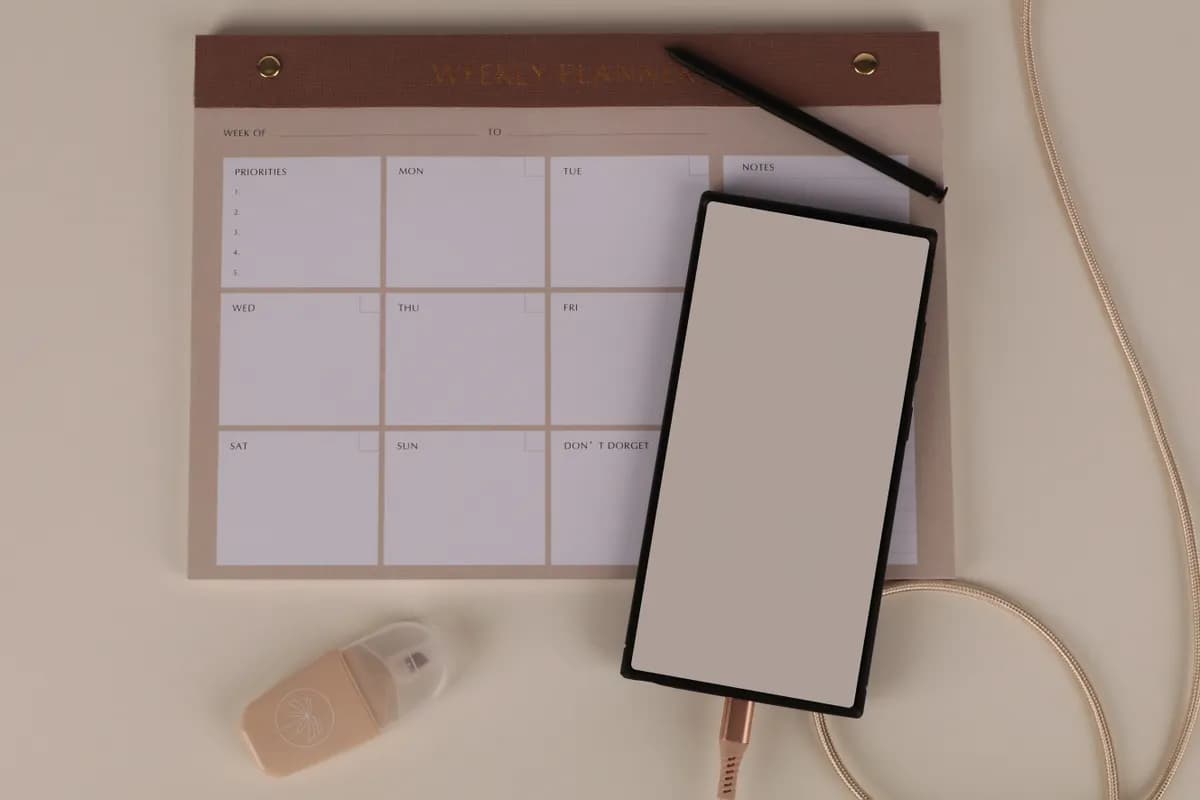 A weekly planner and a phone laid out on a desk